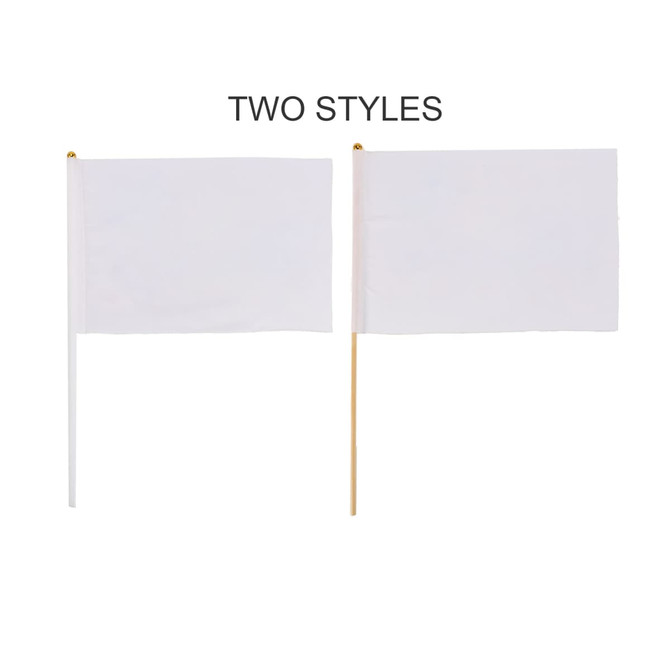 Two rectangular white cheering flags displayed on sticks, featuring different styles and a gold finial on top of each stick.