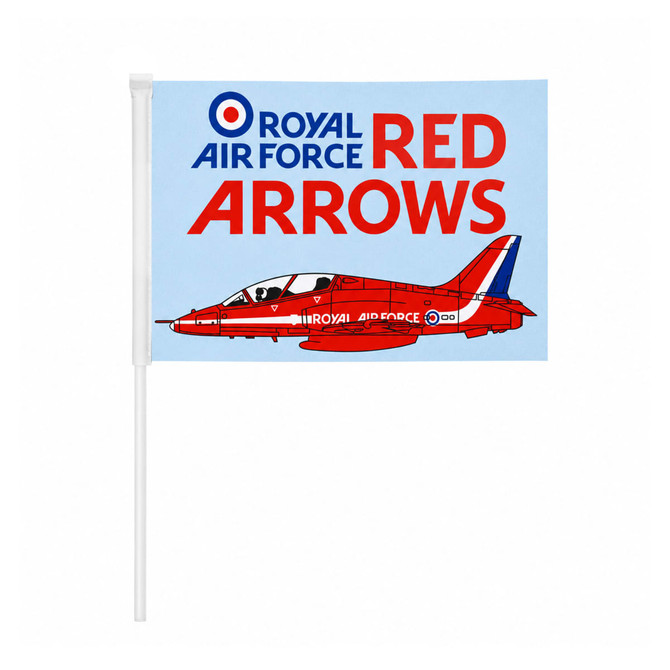 A rectangular cheering flag featuring a red jet and blue background, with white and red branding. The flag is attached to a white stick.