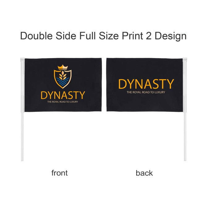 A rectangular cheering flag stick with a black background and yellow design, featuring a logo on one side.