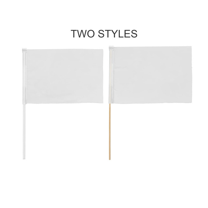 Two rectangular white flags on sticks, one with a clear plastic handle and the other with a wooden stick.