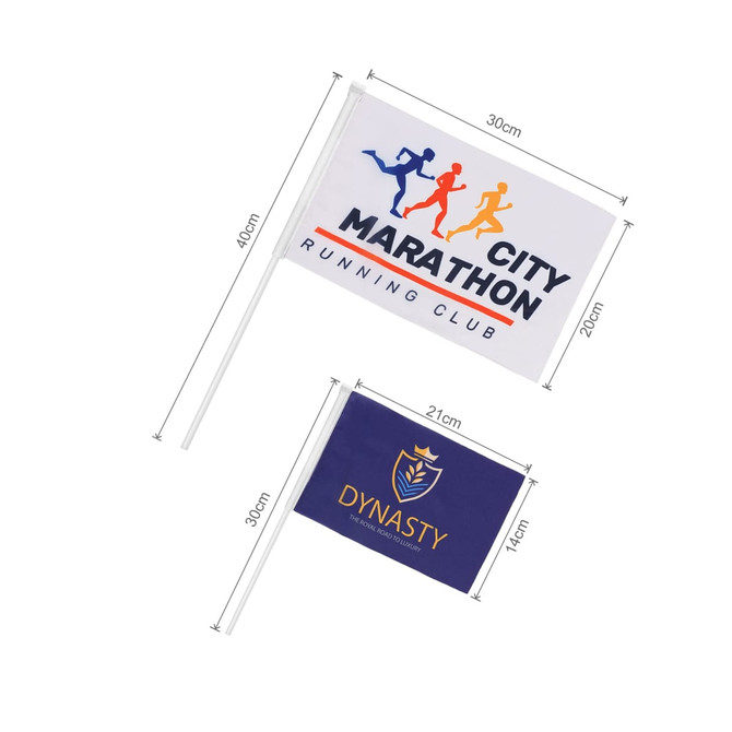 A rectangular cheering flag stick featuring multicoloured designs, including a logo, on white and dark blue backgrounds.