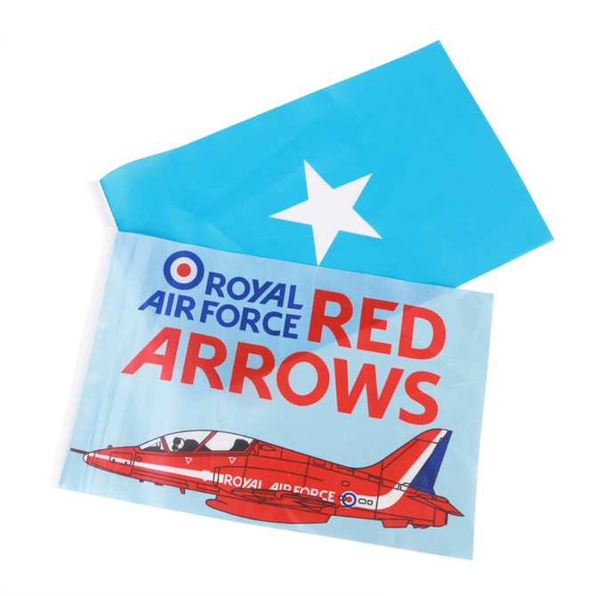 A rectangular cheering flag featuring a blue background, a white star, and a red aircraft design with branding.
