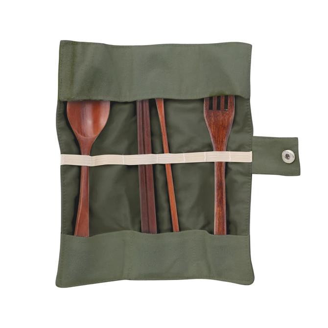 A set of four wooden utensils including a spoon, fork, and chopsticks, displayed in an olive green pouch.