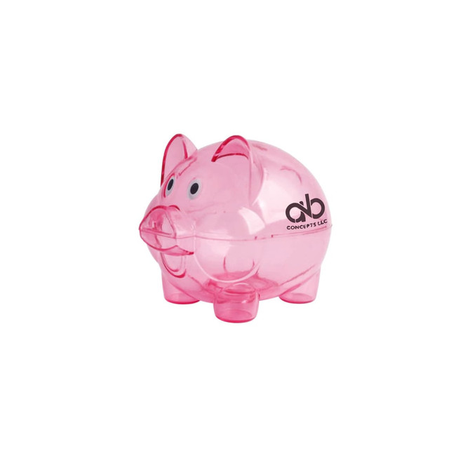 A pink, transparent piggy bank with a smiling face and a logo on its side.