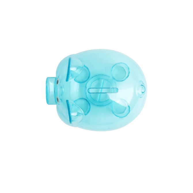 A translucent blue piggy coin bank with a coin slot and circular holes, featuring a simple design.