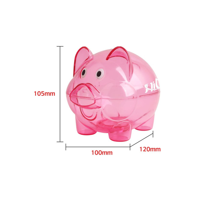 A pink piggy bank with a transparent body and cartoonish eyes, featuring a logo. Measures 105mm in height and 120mm in width.