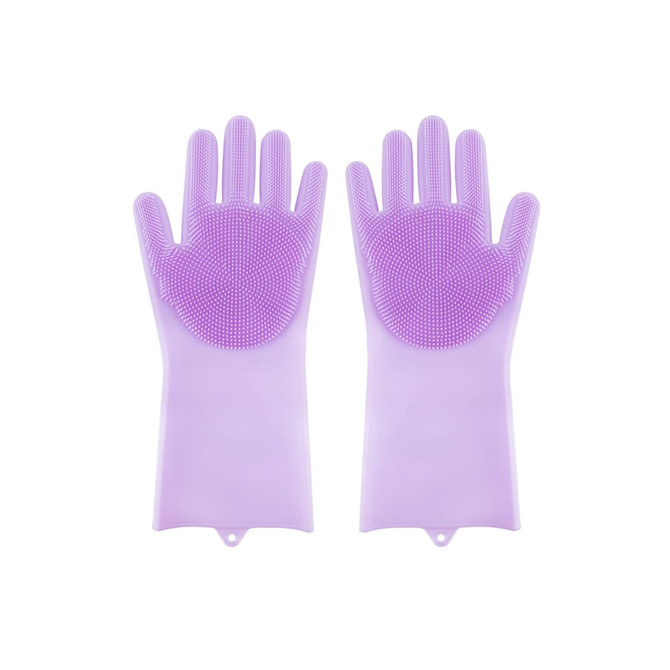 Two purple silicone gloves with textured grip surfaces, designed for cleaning tasks. Each glove has a smooth exterior.
