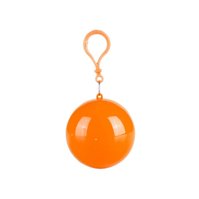 An orange ball with a clip, designed to hold a rain poncho, featuring a shiny finish.