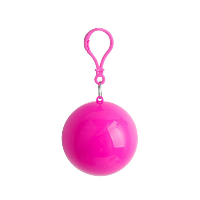 A bright pink ball with a clip, designed to hold a rain poncho inside. Ideal for novelty and fun.