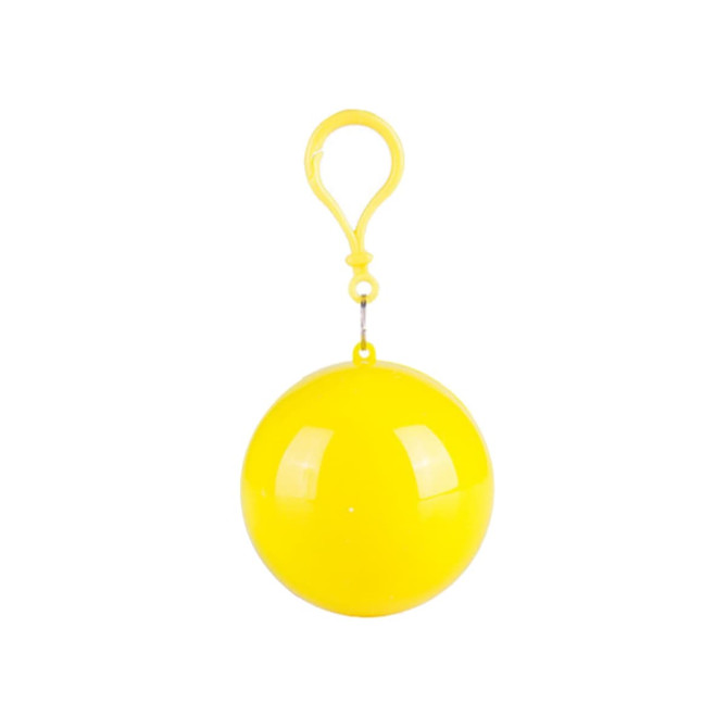 A yellow ball with a clip, featuring a smooth, glossy surface. It contains a compact rain poncho.