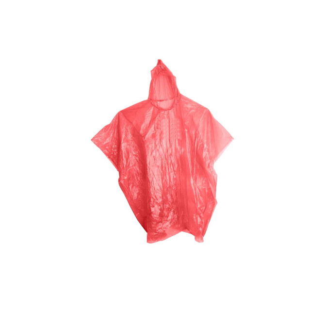 A bright red poncho hangs against a white background, featuring a hood and loose-fitting design. It has a logo.