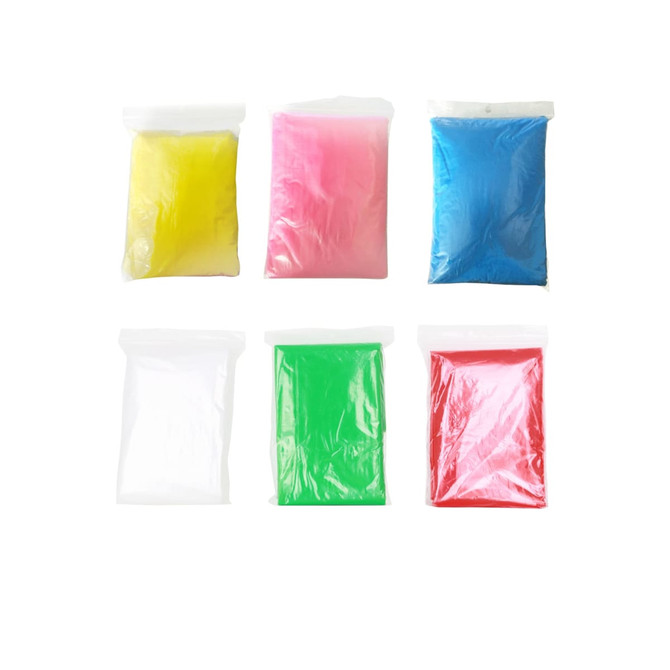 Six bags of coloured powder: yellow, pink, blue, green, red, and clear. Each bag is sealed and features a plastic appearance.