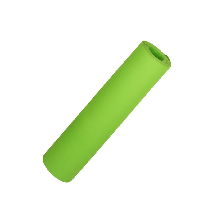 A rolled premium TPE yoga mat in bright green, featuring a smooth texture and a logo on one side.
