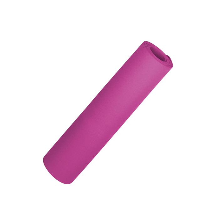 A rolled, bright pink yoga mat with a smooth surface and a logo. Ideal for outdoor leisure activities.