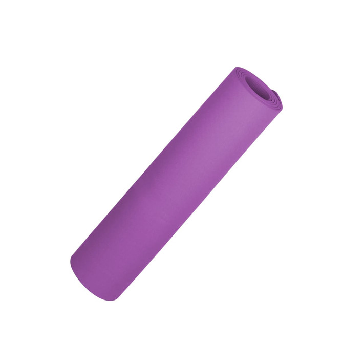 A rolled purple Premium TPE Yoga Mat, featuring a smooth surface and a branding logo.
