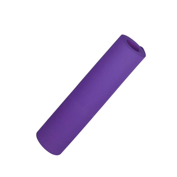 A rolled premium TPE yoga mat in a vibrant purple colour, featuring a smooth surface and a logo.