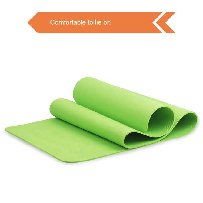 A green Premium TPE yoga mat rolled partially open, featuring a textured surface, with a branding logo present.