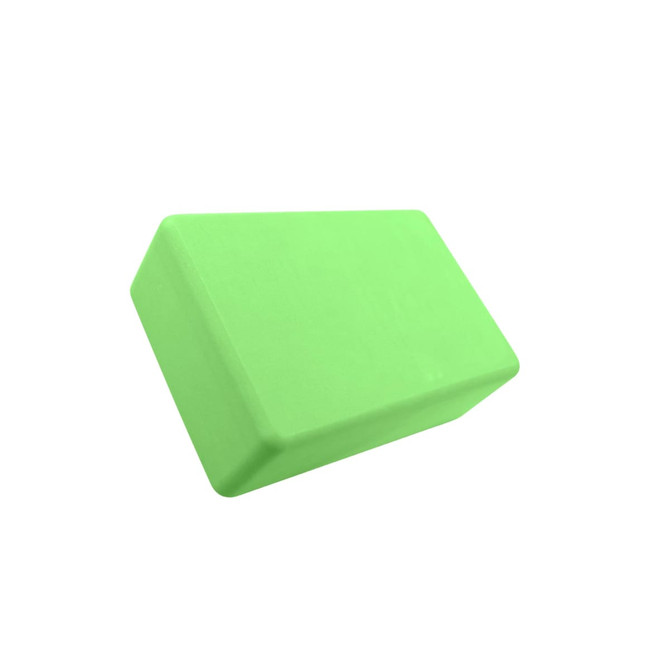 A green EVA yoga block with rounded edges, suitable for various fitness activities. It features a smooth surface and a logo.