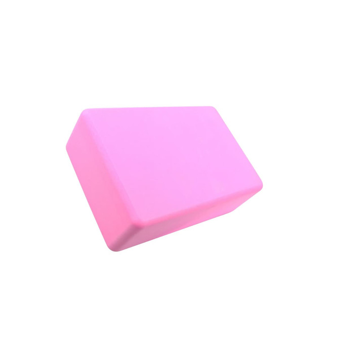A pink EVA yoga block with a rectangular shape, featuring rounded edges and a smooth surface.
