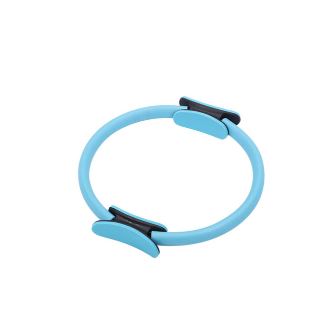 A blue Pilates circle with black grips, designed for fitness and exercise. It features a smooth, circular shape.