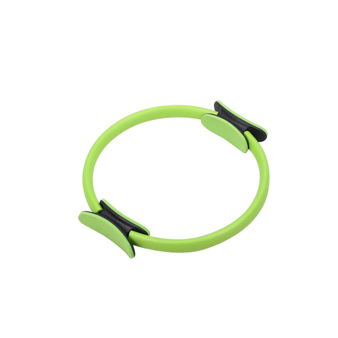 A bright green Pilates circle with black grips, designed for fitness activities. It features a smooth, rounded shape.