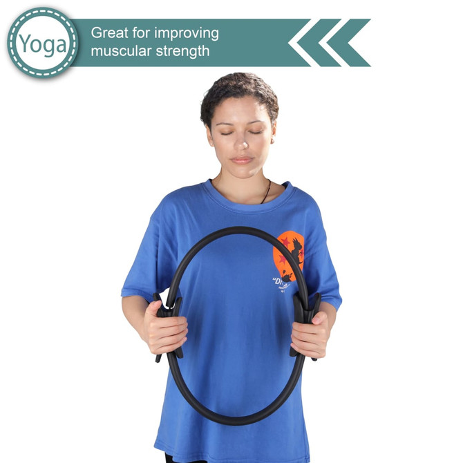 A woman holds a black Pilates Circle, wearing a blue shirt. The product is designed for strength training.