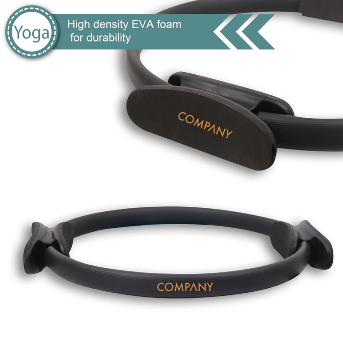A black Pilates circle made of high-density EVA foam, featuring a branded logo.