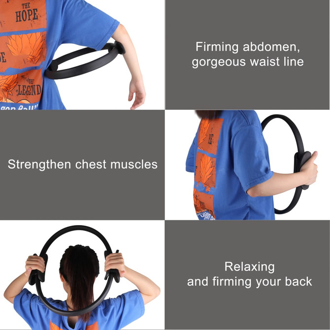 A Pilates circle in black, featured in various positions demonstrating core and chest strengthening exercises.