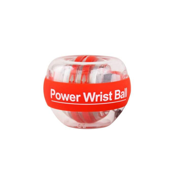 A red and clear Power Wrist Ball with an inner mechanism, featuring a branding logo.