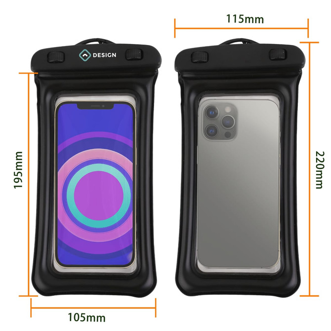 A waterproof universal cellphone dry bag in black, featuring a clear front for screens and a logo at the top.