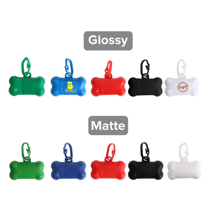 A selection of bone-shaped pet waste bag dispensers in glossy and matte finishes, featuring various colours and clips.