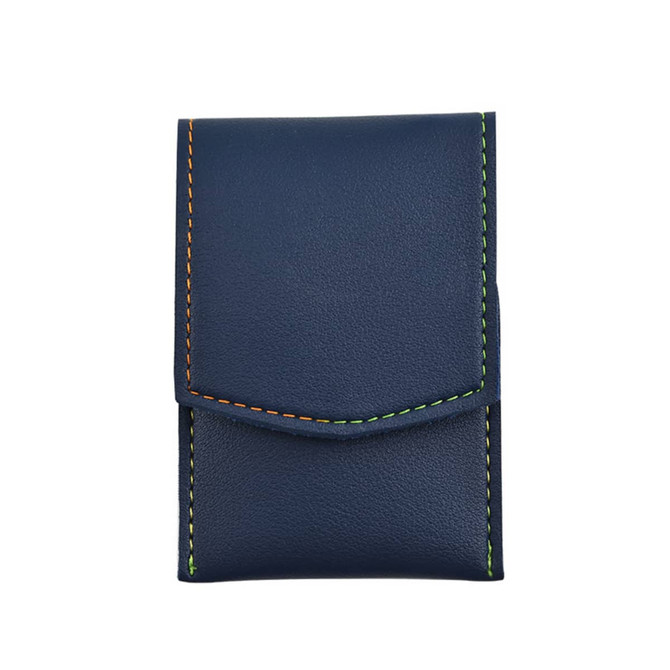 A navy blue portable manicure set case with contrasting orange and green stitching, featuring a flap closure and compact design.