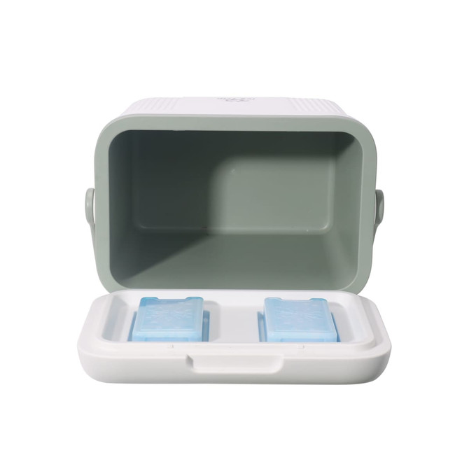 A 22L cooler box in white and green, featuring two ice packs inside. The lid is open, showcasing the spacious interior.