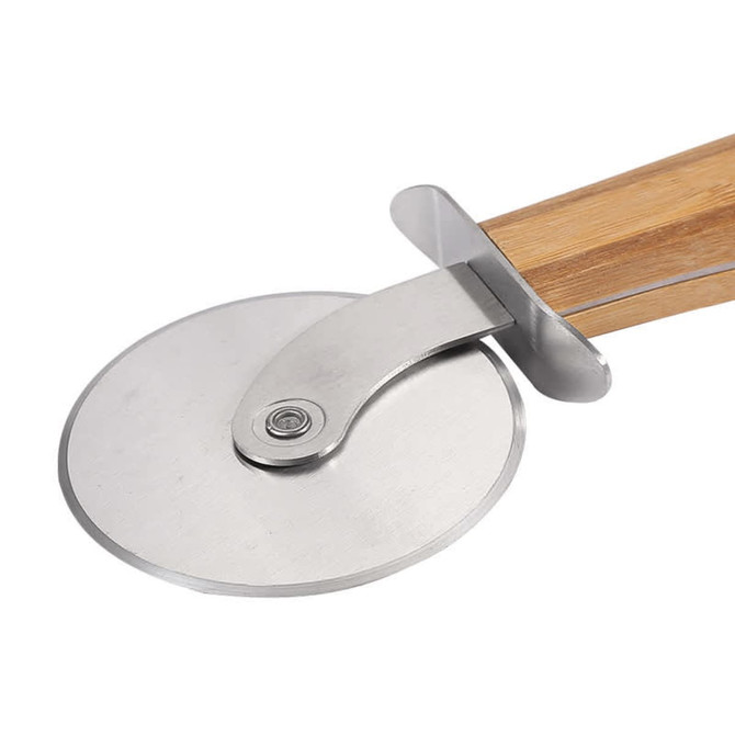 A pizza cutter wheel with a polished stainless steel blade and a hand-carved wooden handle.
