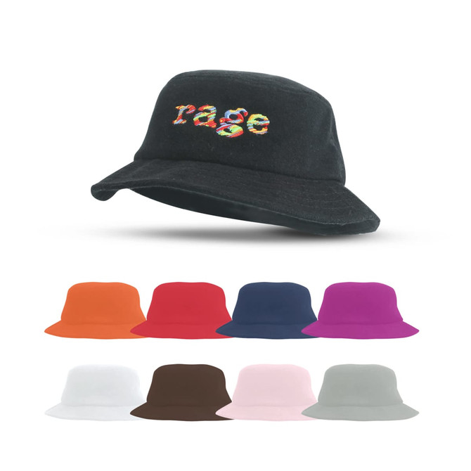A Terry towelling bucket hat in various colours, featuring a multicoloured logo on a dark hat.