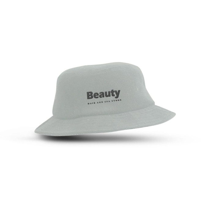 A grey Terry Toweling bucket hat with a branding logo on the front.