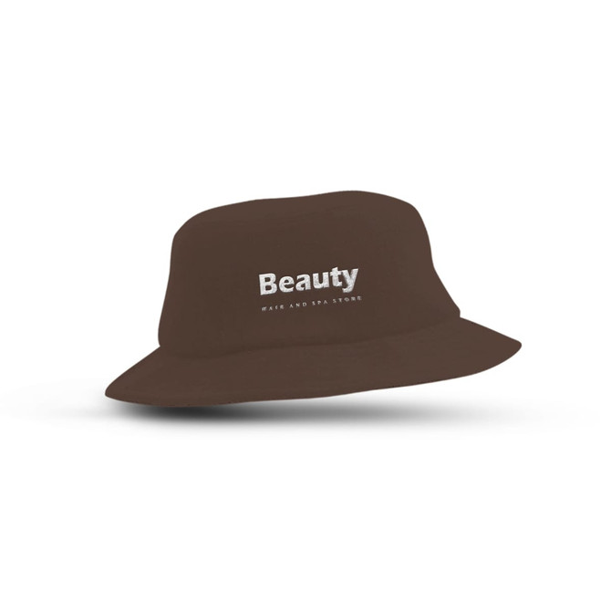 A brown terry towelling bucket hat with a logo on the front. Suitable for leisure and outdoor activities.
