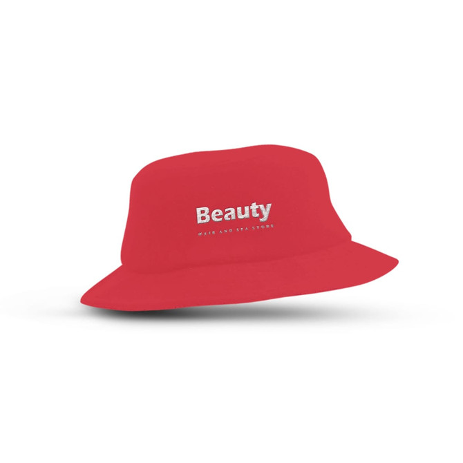 A red terry towelling bucket hat with a logo on the front, suitable for leisure and outdoor activities.