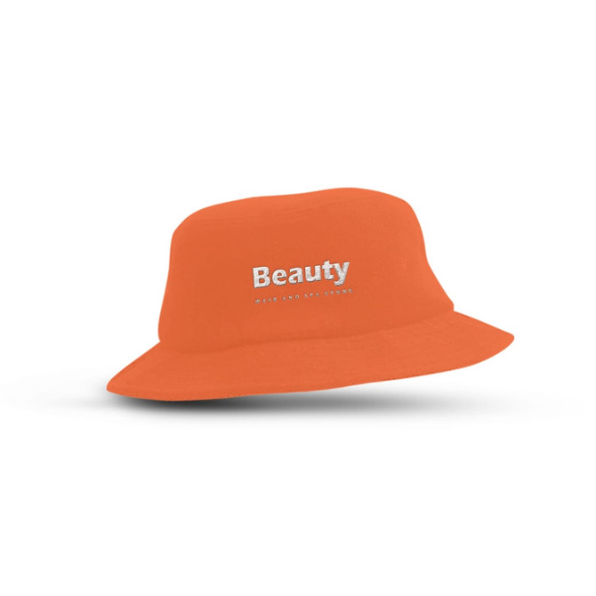 An orange Terry Toweling Bucket Hat with a logo on the front, ideal for outdoor leisure activities.