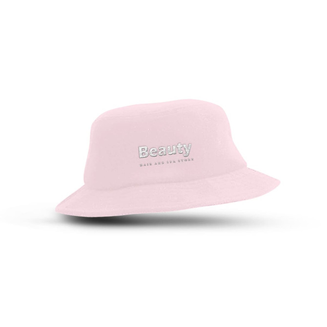 A pink terry towelling bucket hat with a logo on the front, suitable for leisure and outdoor activities.