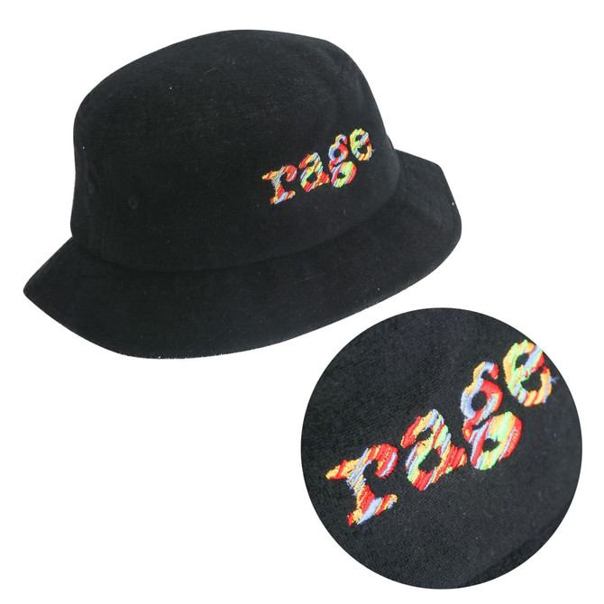 A black Terry Toweling bucket hat with a multicoloured embroidered logo. Suitable for leisure and outdoor activities.