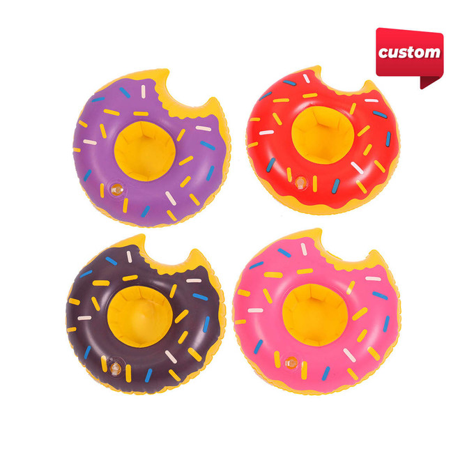 A set of four inflatable cup holders shaped like donuts, featuring colours of purple, red, yellow, and pink with sprinkles.