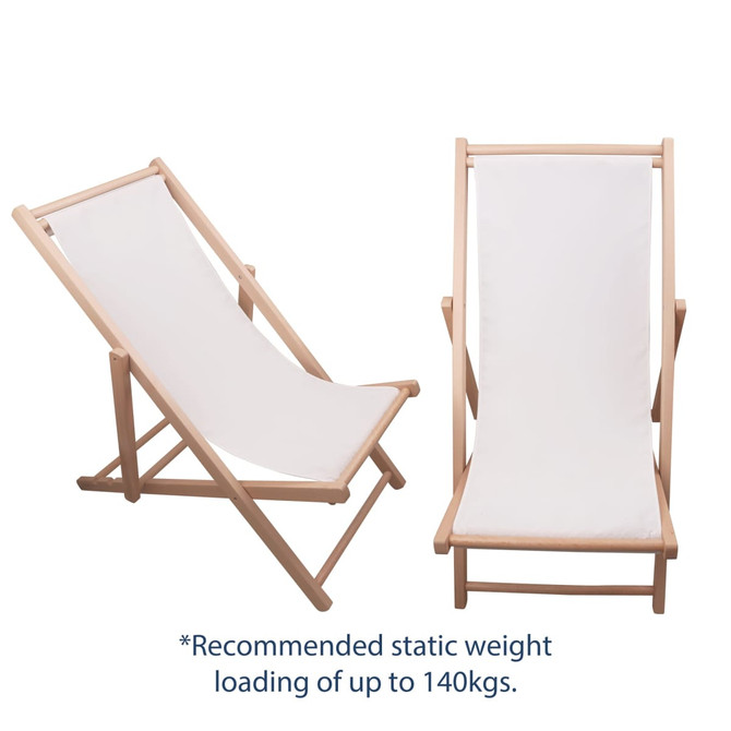 A beach chair with a beech frame and white fabric, shown in two positions, with a logo present.