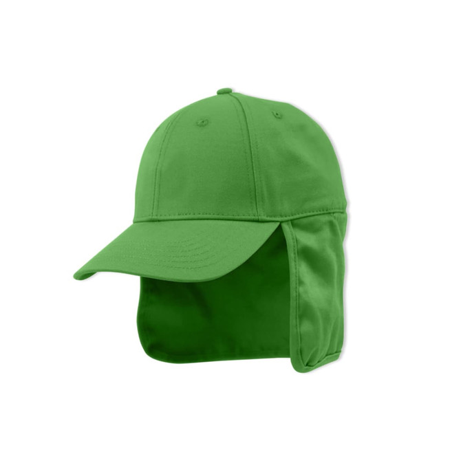Green sport cap with a flap at the back and a curved brim. Features a logo.