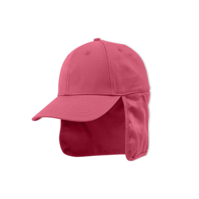 A pink sport cap with a flap at the back, designed for sun protection. It features a logo on the front.