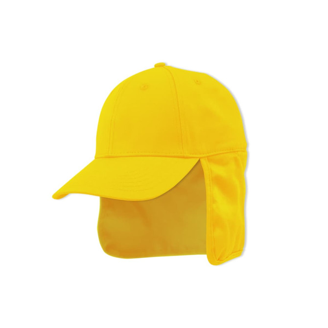A bright yellow cap with a neck flap and a logo, designed for sun protection and outdoor activities.