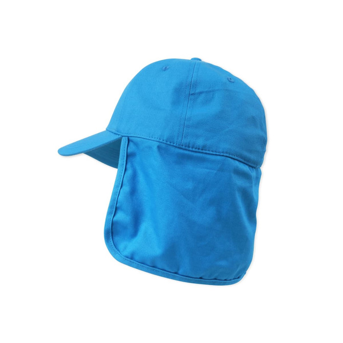 A blue cap with an extended flap at the back, featuring a logo on the front.