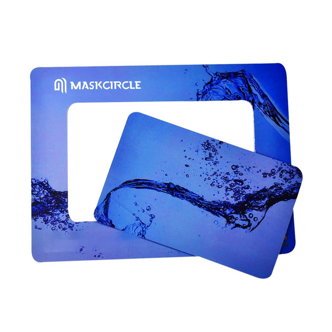 Custom shaped fridge magnets in blue, featuring a design with water splashes. Includes a logo.