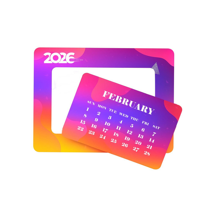 A vibrant pink and orange custom-shaped fridge magnet featuring a calendar for February 2026 and a logo.