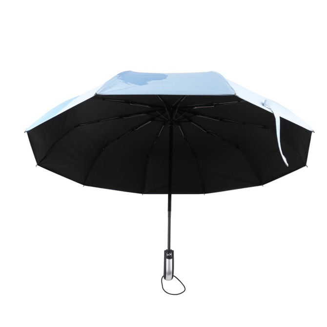 A folding ten-panel umbrella with a light blue canopy and a black underside, featuring a sleek handle with a logo.